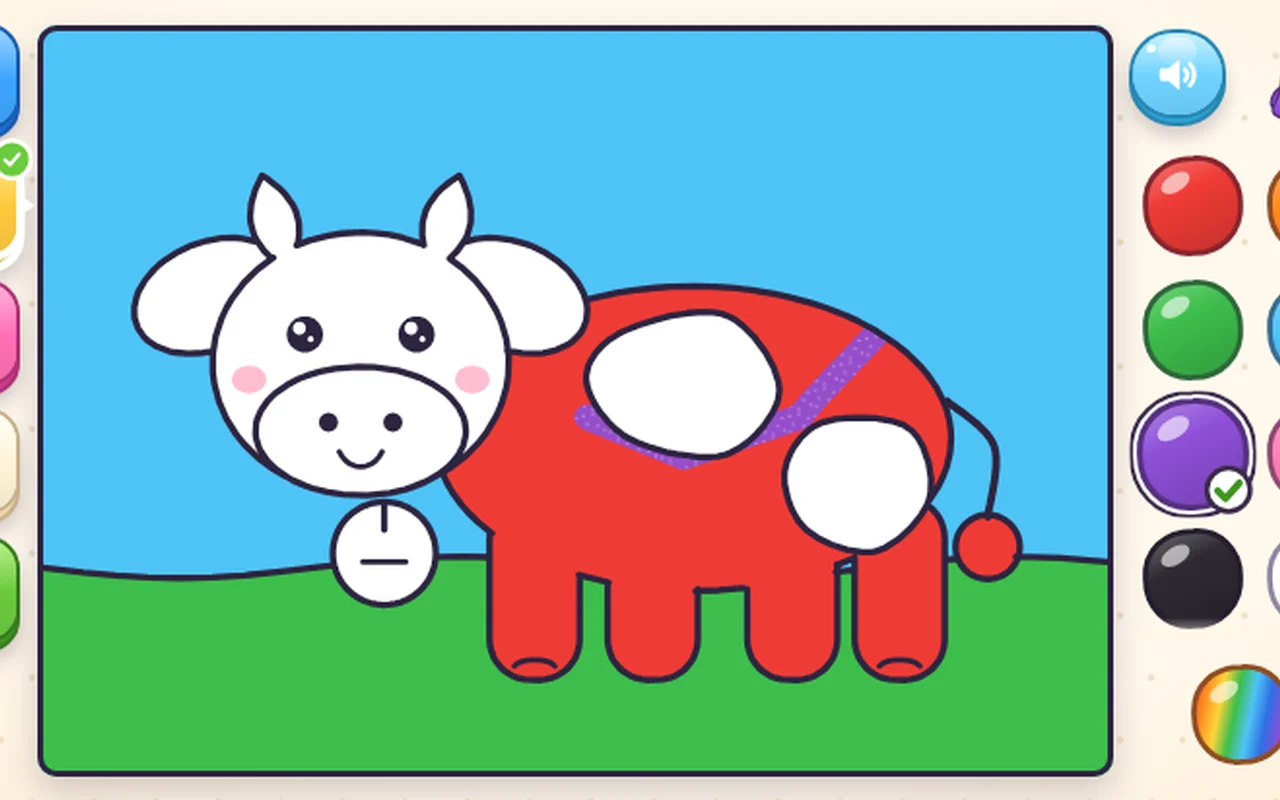 Bloop's Coloring Book: coloring a cow with crayon, with the tool bar and color palette