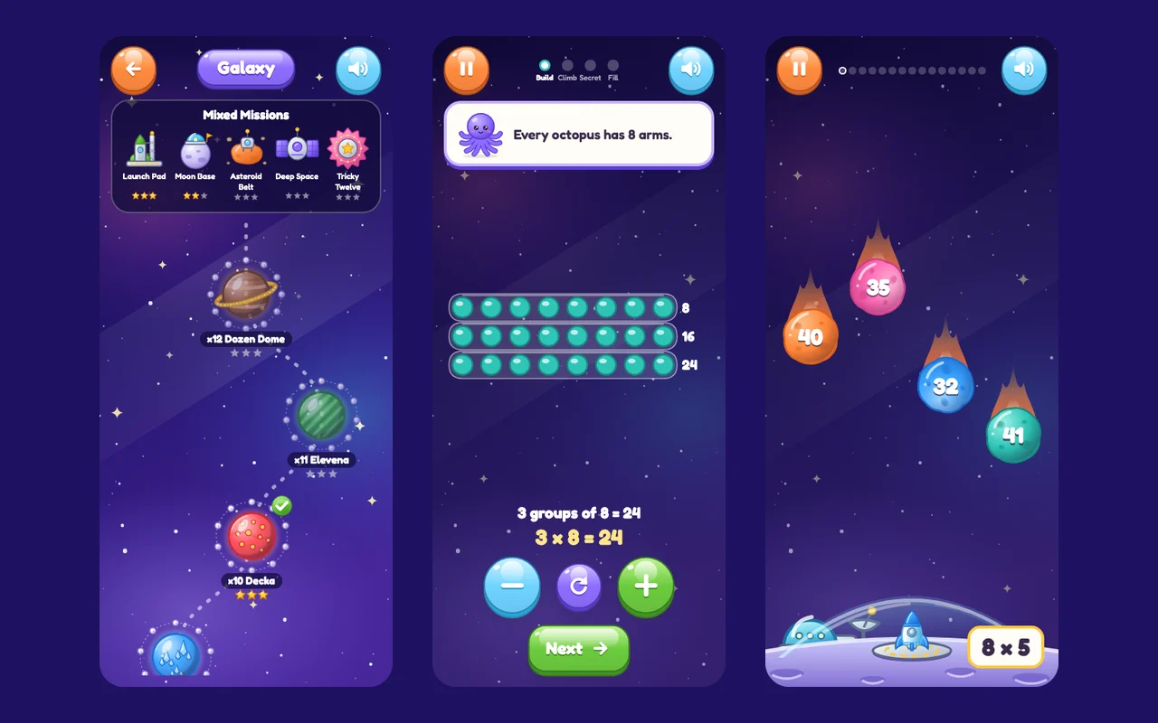Times Tables Galaxy: the planet map, a lesson building 3 × 8 and the Meteor Zap arcade game