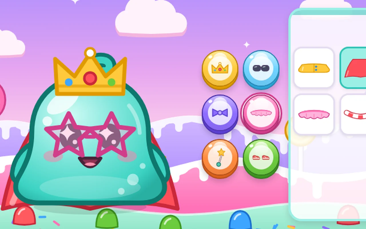 Toddler Games: Dress Up Bloop, choosing a crown, star glasses and a cape for Bloop